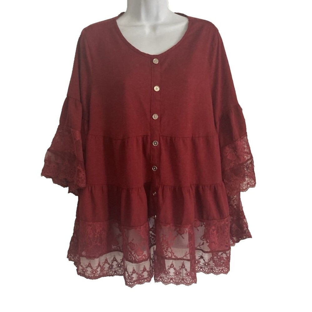 Emery Rose Women's Top 1X Burgundy Tiered Babydoll Lace Peasant Cottagecore NWOT
